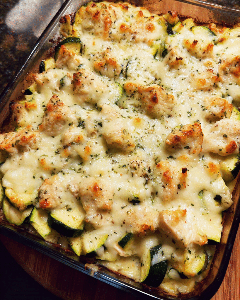 Creamy chicken with zucchini baked casserole with melted mozzarella