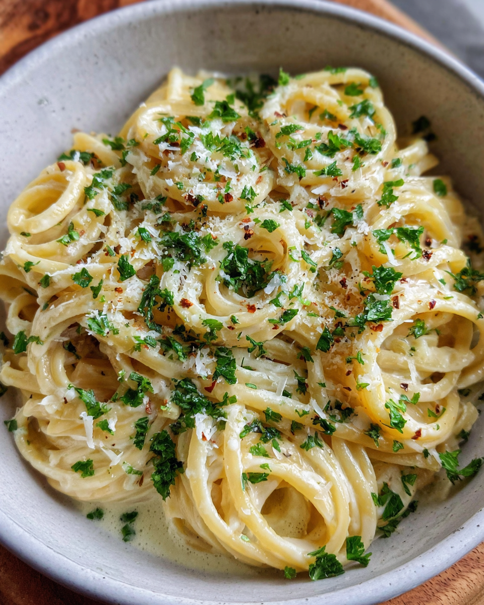 Creamy garlic butter pasta in a skillet with parsley