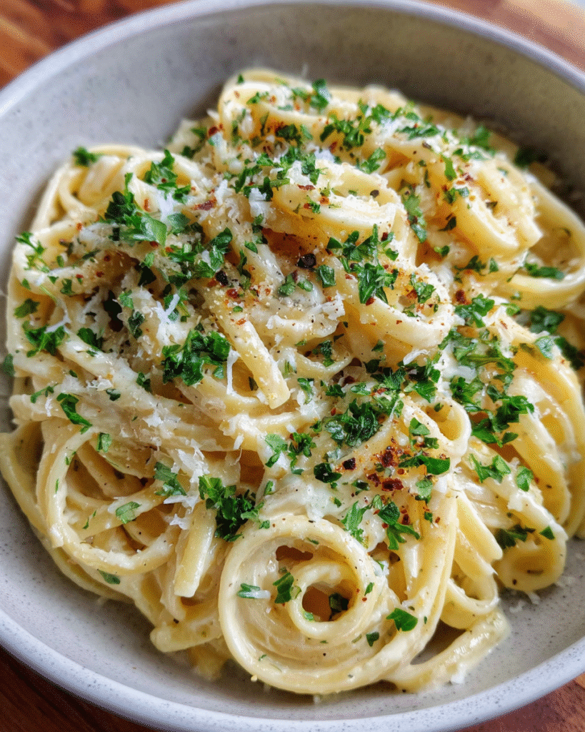 Creamy garlic butter pasta in a skillet with parsley
