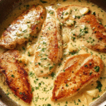 Creamy Garlic Chicken Skillet with golden chicken in rich garlic cream sauce
