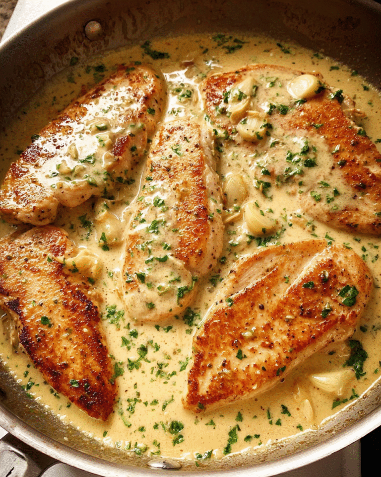 Creamy Garlic Chicken Skillet with golden chicken in rich garlic cream sauce