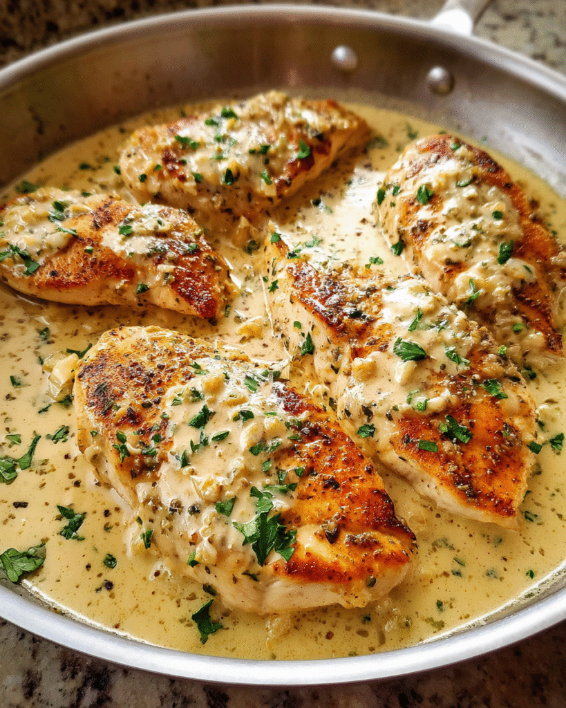 Creamy Garlic Chicken Skillet with golden chicken in rich garlic cream sauce