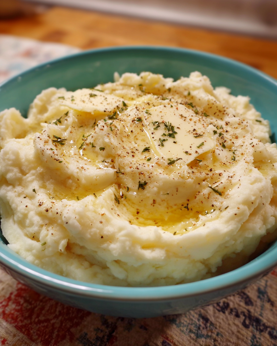 Creamy mashed potatoes topped with melted butter in a baking dish