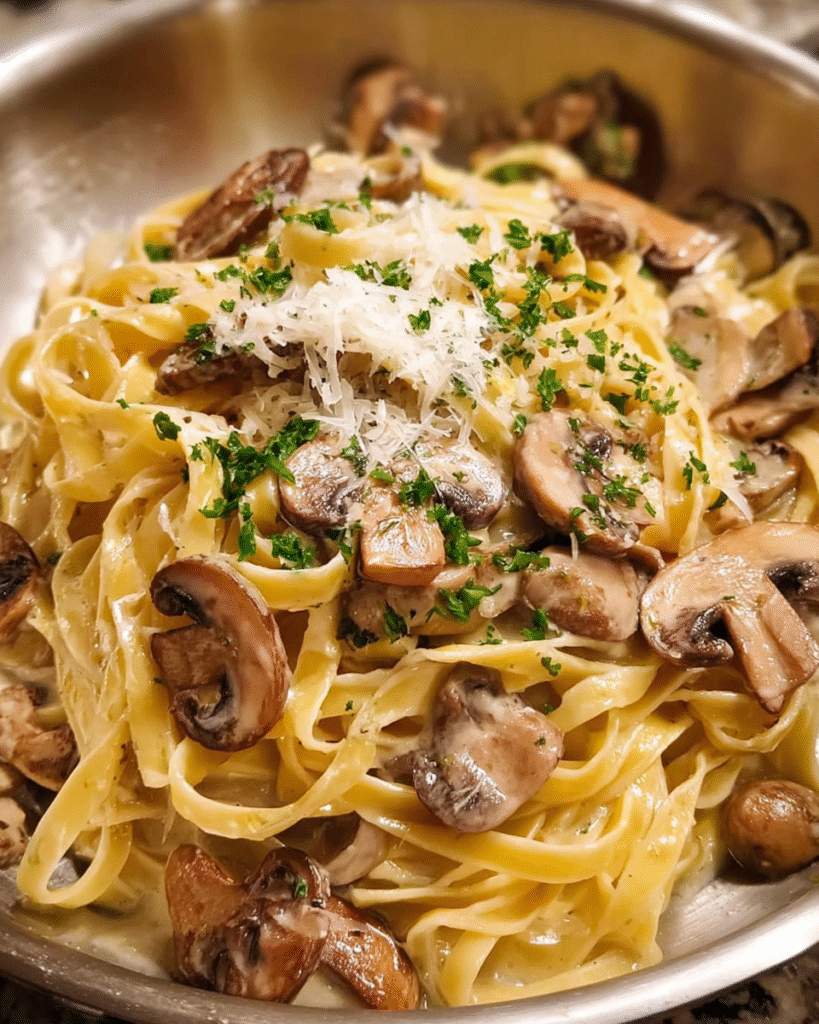 Creamy mushroom pasta with Parmesan and parsley in a skillet