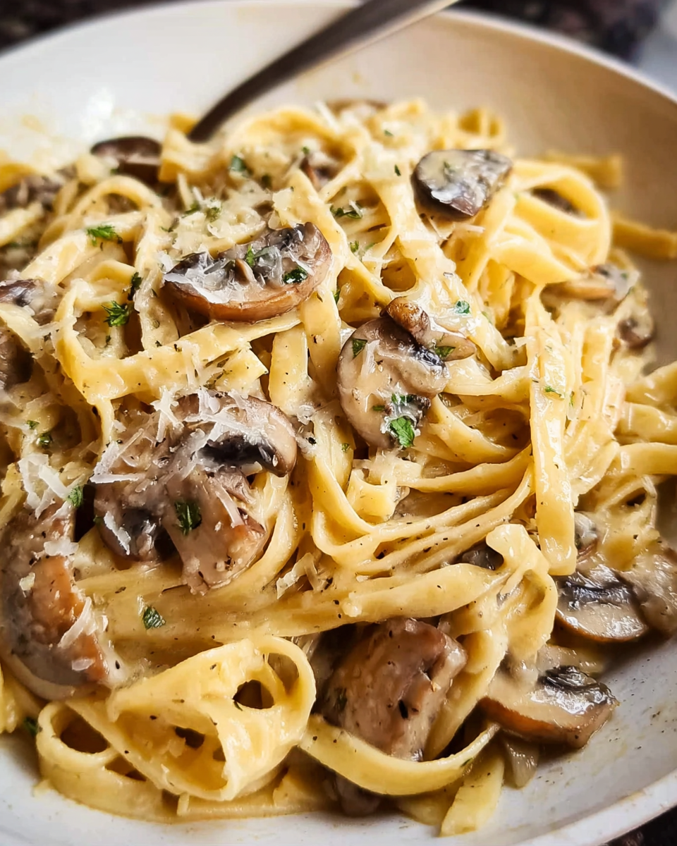 Creamy mushroom pasta in a skillet garnished with Parmesan