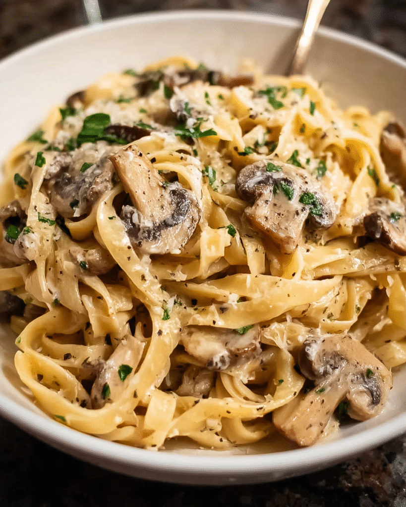 Creamy mushroom pasta in a skillet garnished with Parmesan