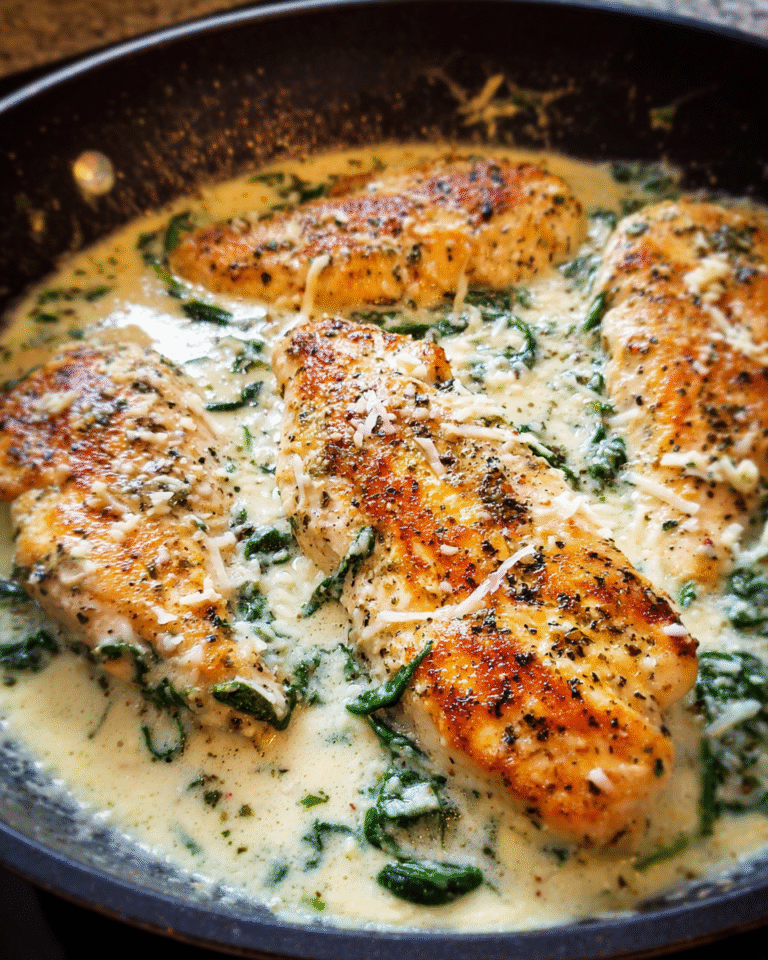 Creamy Parmesan Chicken Breast in skillet with spinach