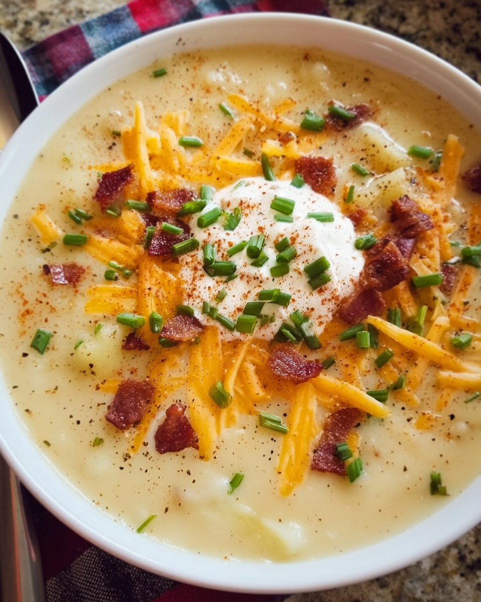 Creamy potato soup topped with cheddar cheese and chives in a white bowl