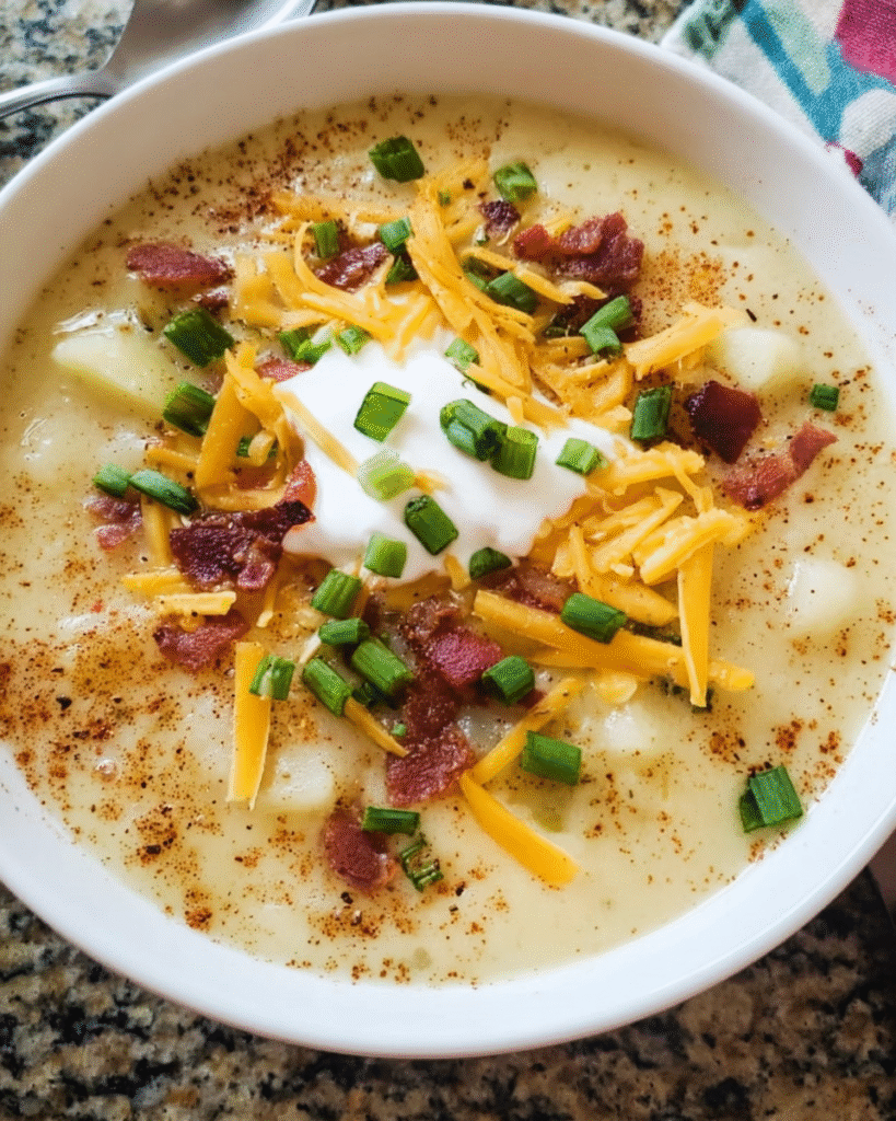Creamy potato soup topped with cheddar cheese and chives in a white bowl