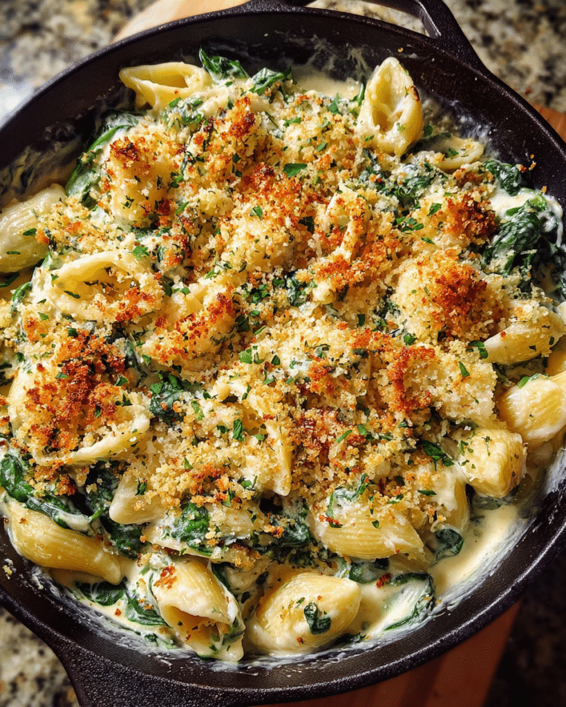 Creamy spinach pasta with ricotta and toasted breadcrumbs