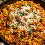 Creamy tomato beef pasta served in a bowl with Parmesan and parsley