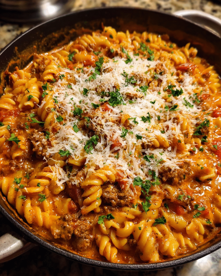 Creamy tomato beef pasta served in a bowl with Parmesan and parsley