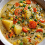 Creamy vegetable soup in a white bowl topped with fresh parsley