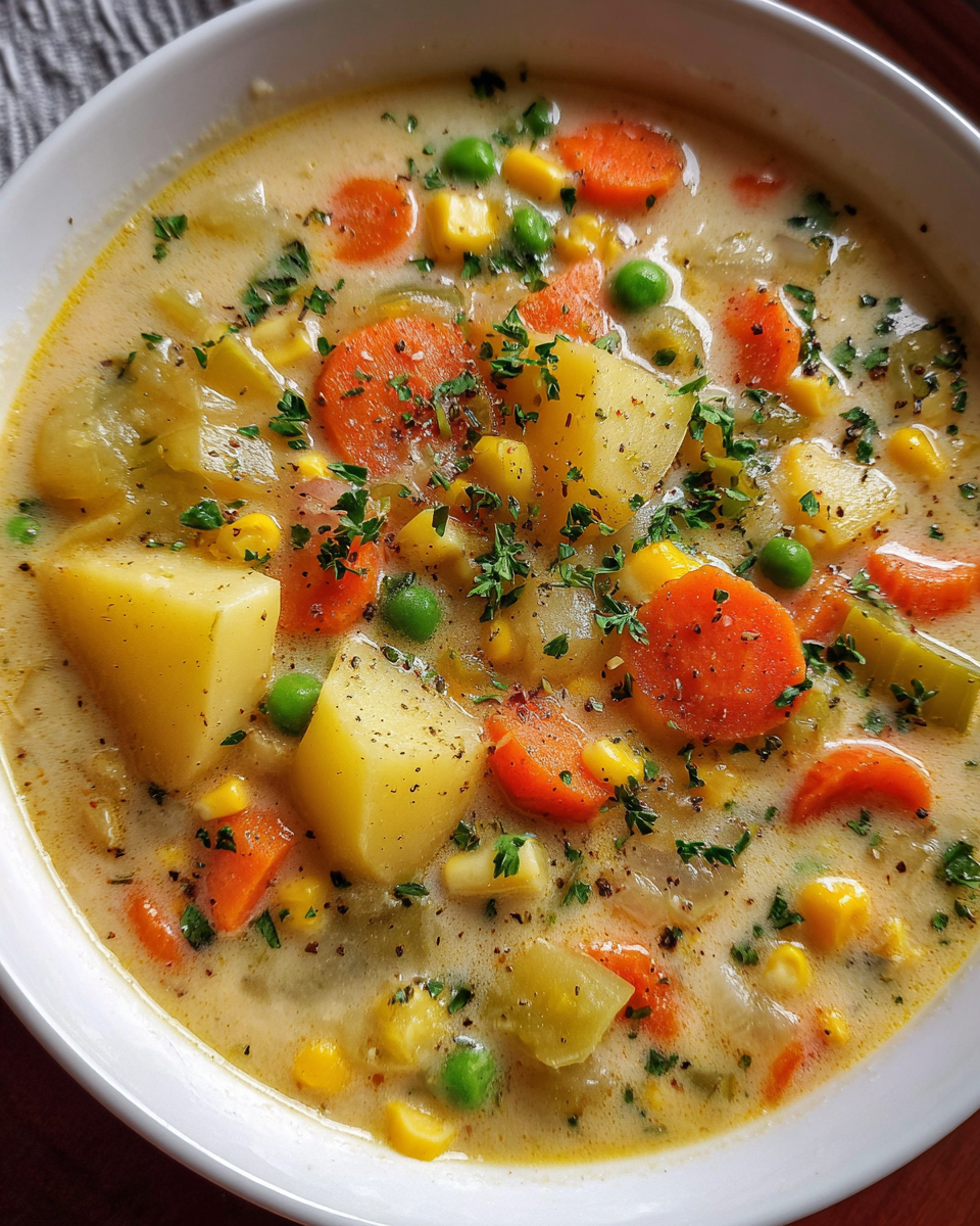 Creamy vegetable soup in a white bowl topped with fresh parsley