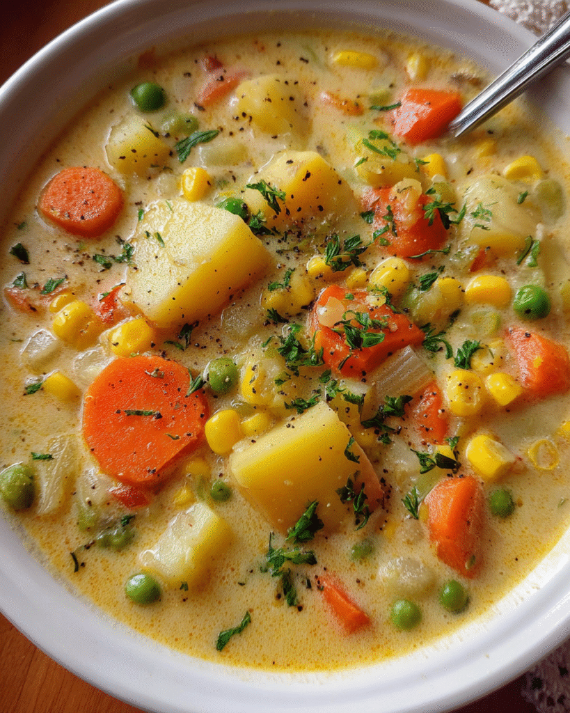 Creamy vegetable soup in a white bowl topped with fresh parsley