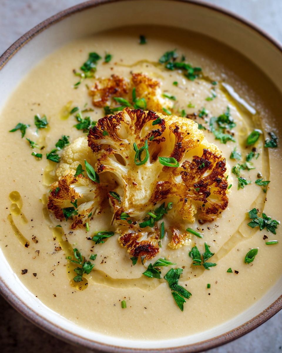 Creamy cauliflower soup in a bowl topped with roasted florets and fresh herbs