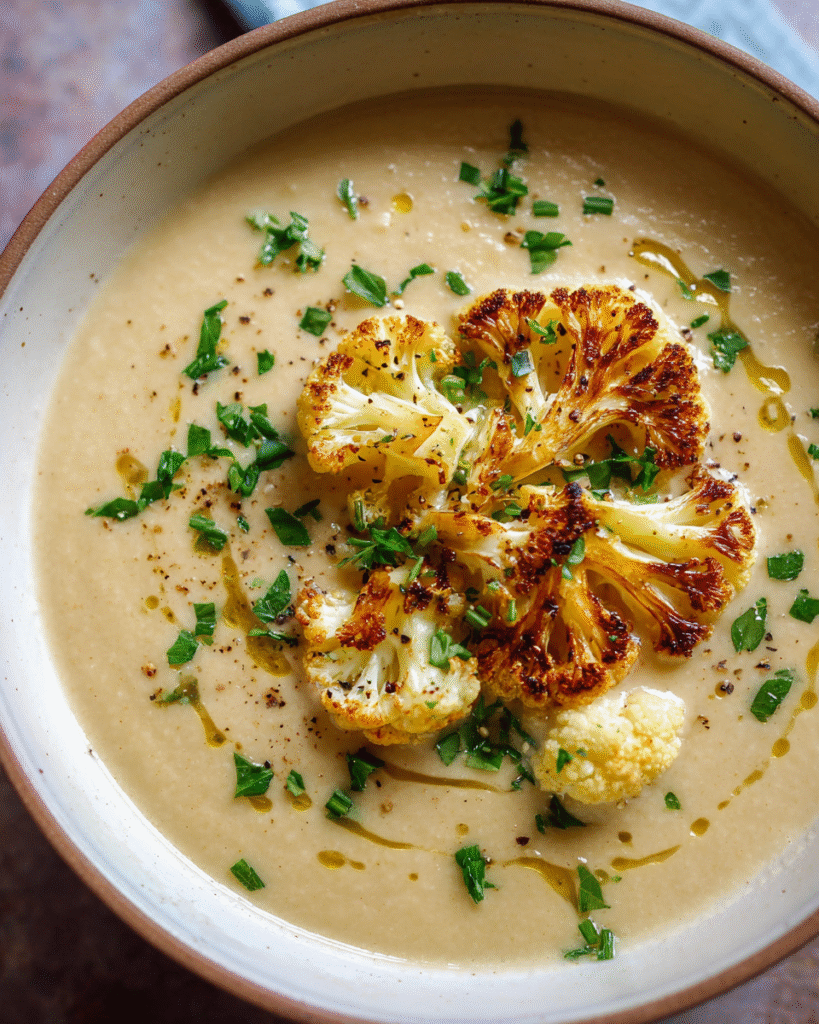 Creamy cauliflower soup in a bowl topped with roasted florets and fresh herbs