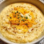Creamy cheesy grits served warm in a white bowl with melted cheddar and black pepper