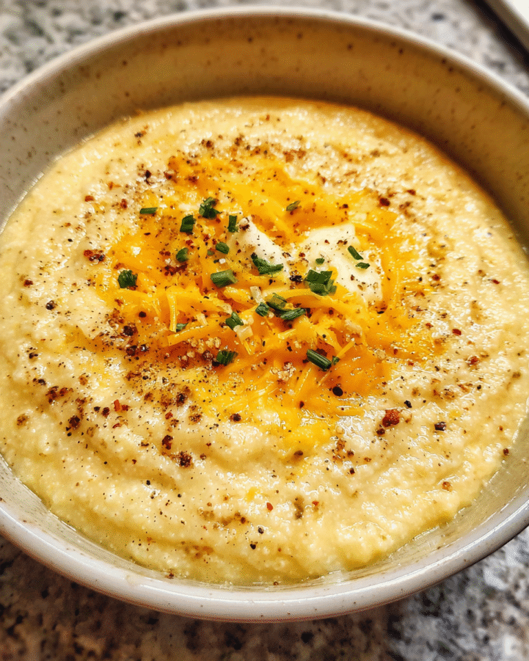 Creamy cheesy grits served warm in a white bowl with melted cheddar and black pepper