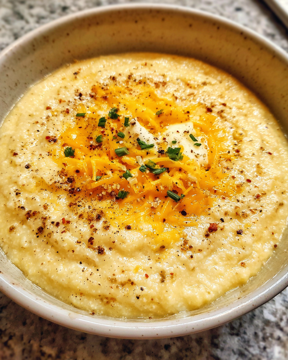 Creamy cheesy grits served warm in a white bowl with melted cheddar and black pepper