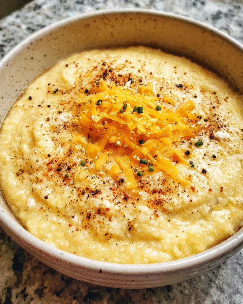 Creamy cheesy grits served warm in a white bowl with melted cheddar and black pepper