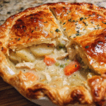 Creamy chicken pot pie with golden puff pastry crust
