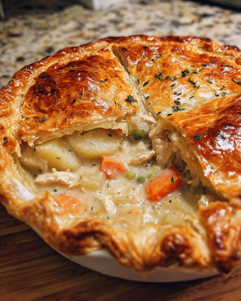 Creamy chicken pot pie with golden puff pastry crust