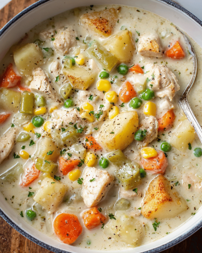 Bowl of creamy chicken soup with vegetables and herbs