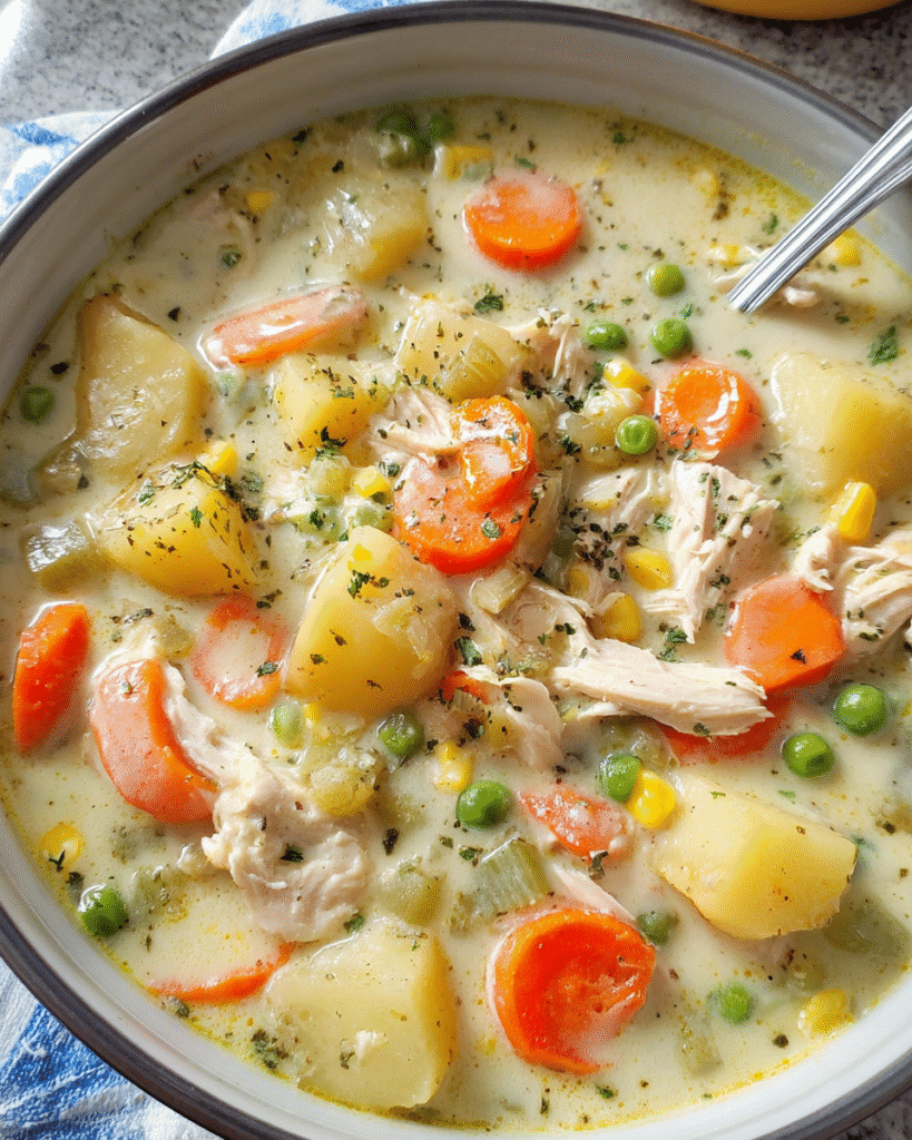 Bowl of creamy chicken soup with vegetables and herbs