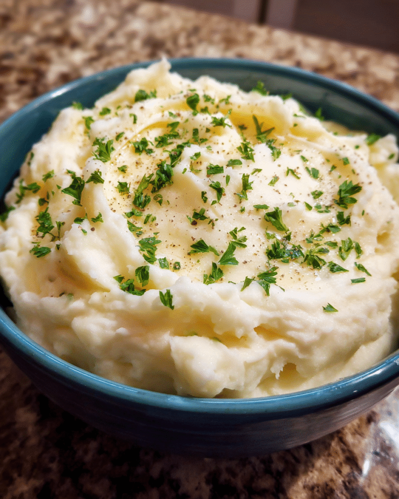 Creamy mashed potatoes in a bowl with butter and herbs