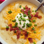 Bowl of creamy potato soup with toppings like cheddar and chives