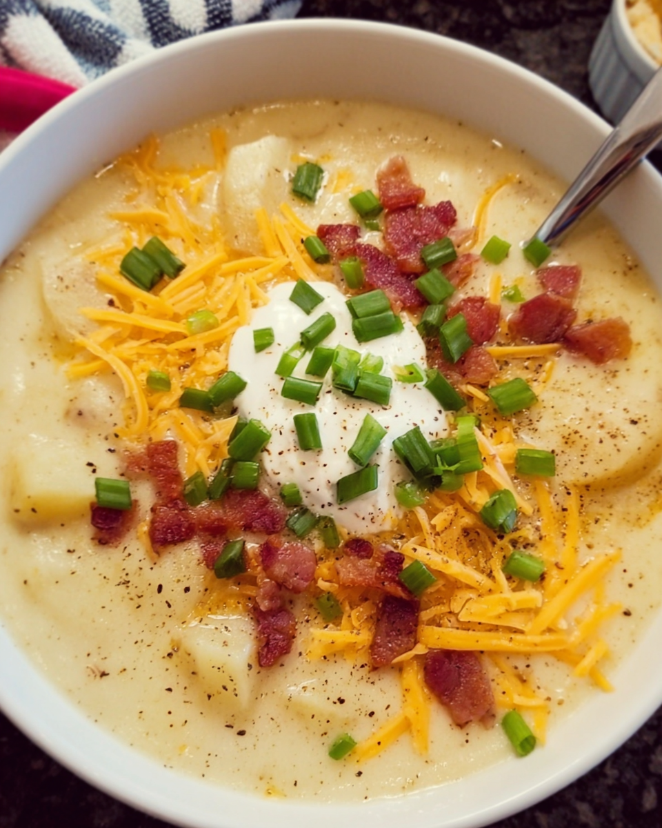 Bowl of creamy potato soup with toppings like cheddar and chives