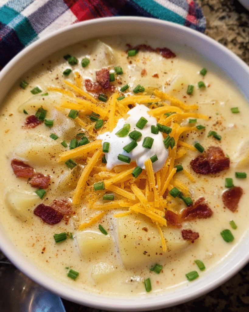 Bowl of creamy potato soup with toppings like cheddar and chives