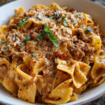 Creamy sausage pasta with chicken sausage and Parmesan in skillet