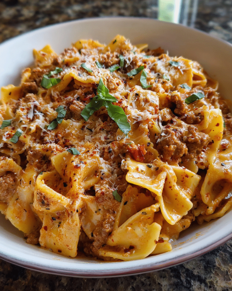 Creamy sausage pasta with chicken sausage and Parmesan in skillet