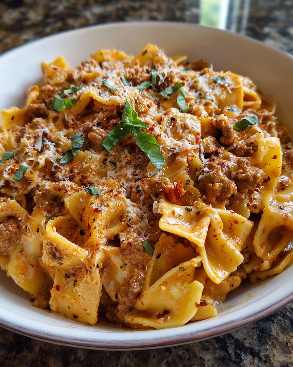 Creamy sausage pasta with chicken sausage and Parmesan in skillet