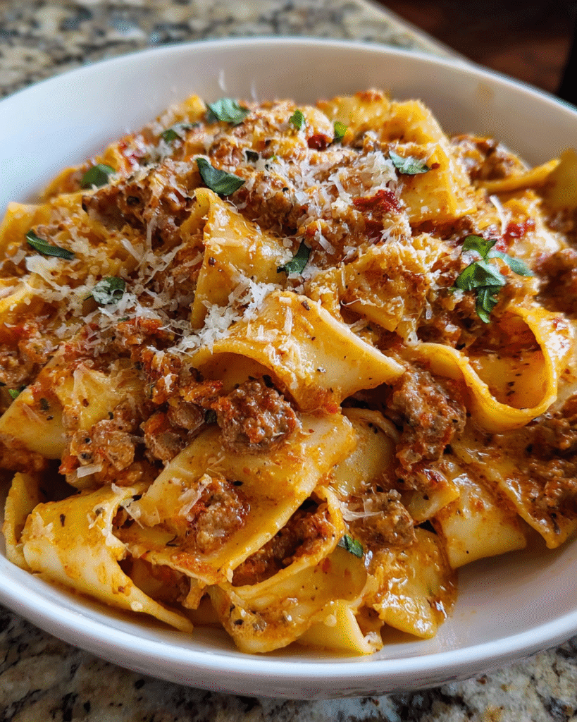 Creamy sausage pasta with chicken sausage and Parmesan in skillet