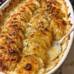 Creamy scalloped potatoes baked golden in a casserole dish