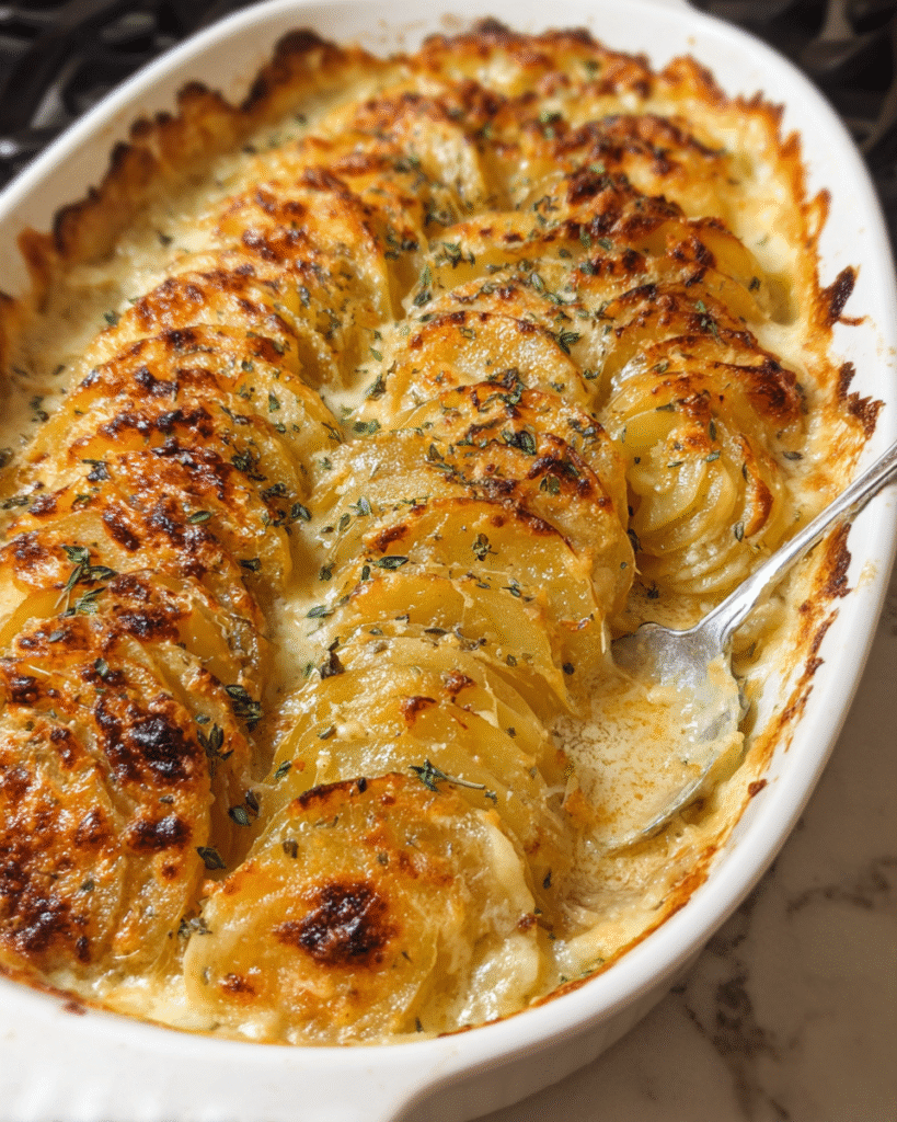 Creamy scalloped potatoes baked golden in a casserole dish
