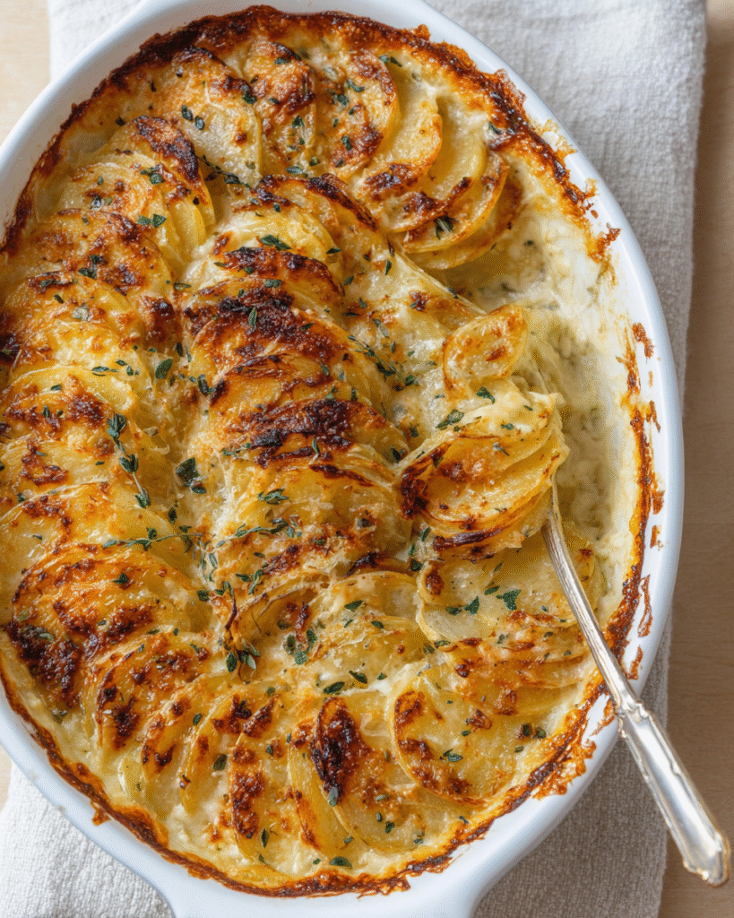 Creamy scalloped potatoes baked golden in a casserole dish