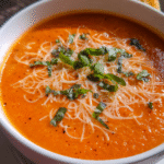 Bowl of creamy tomato soup with basil and parmesan