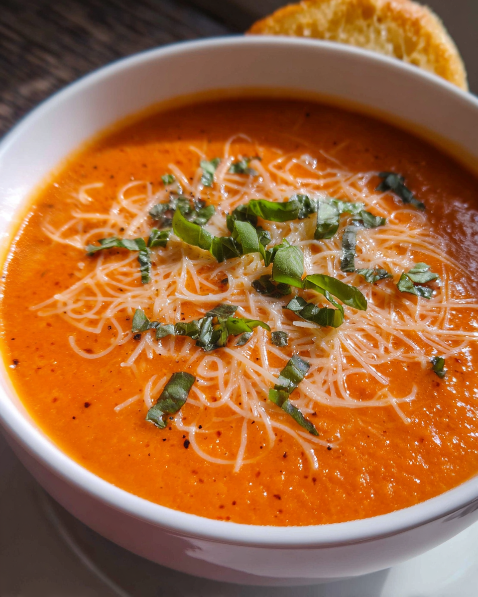 Bowl of creamy tomato soup with basil and parmesan