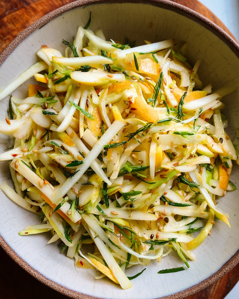 Crispy Apple Kohlrabi Salad with lemon zest and sunflower seeds