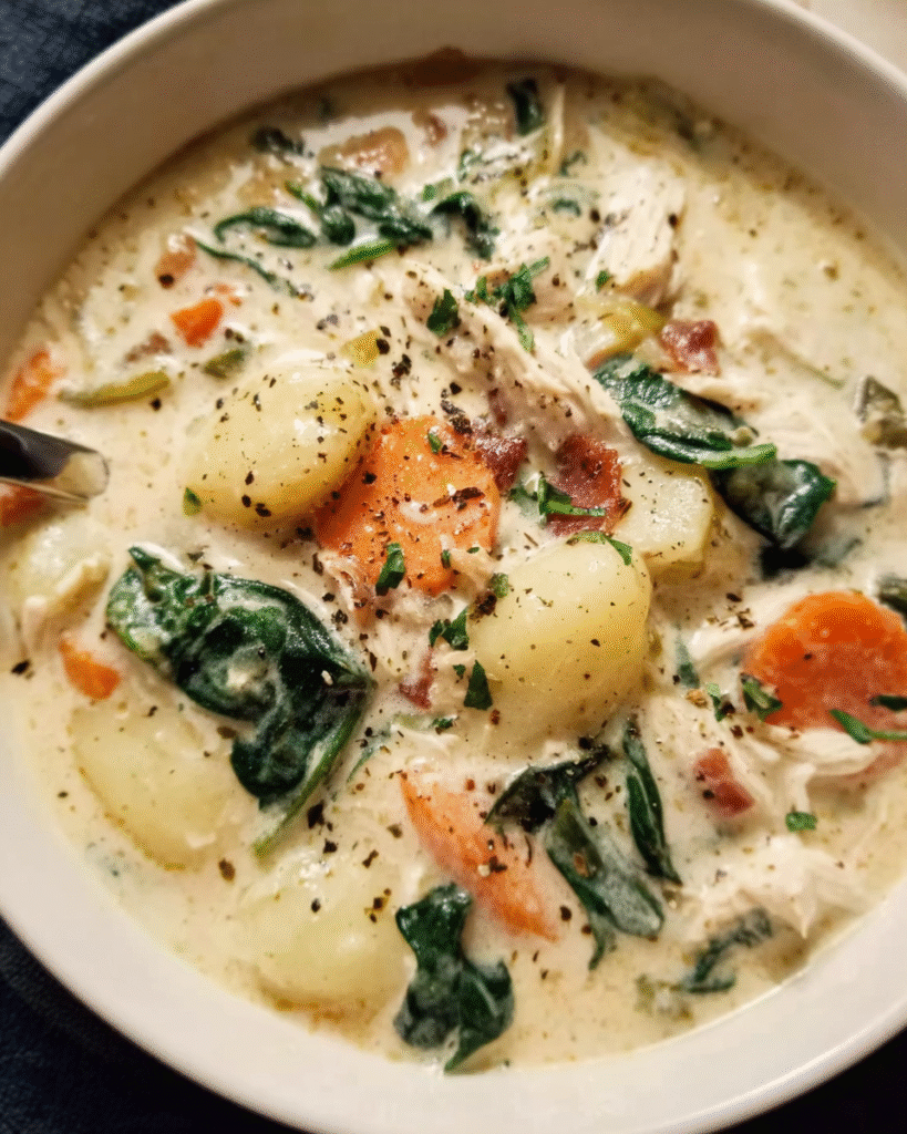 Bowl of creamy crockpot chicken soup with gnocchi and spinach