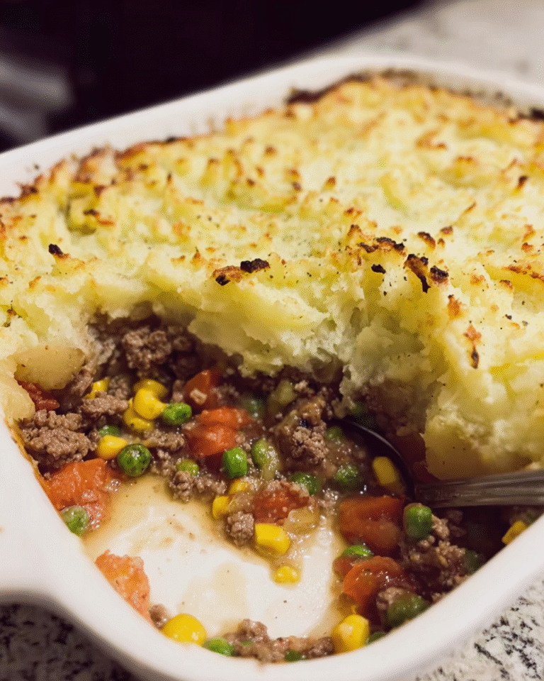 Easy shepherd’s pie baked with golden mashed potato topping