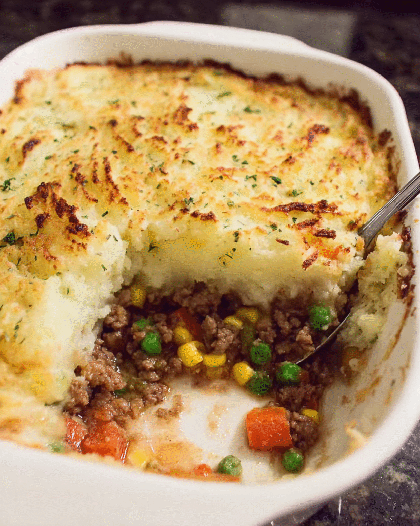 Easy shepherd’s pie baked with golden mashed potato topping
