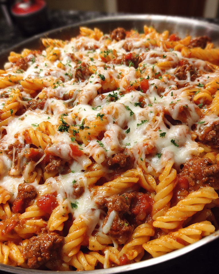 Easy skillet pasta with ground beef and melted mozzarella in a large pan