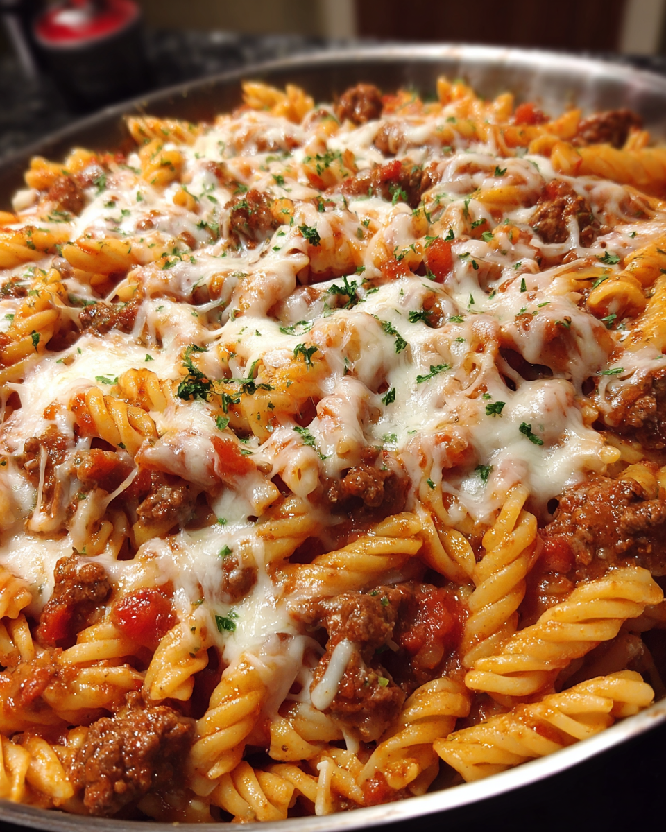 Easy skillet pasta with ground beef and melted mozzarella in a large pan