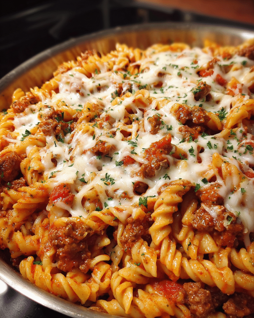Easy skillet pasta with ground beef and melted mozzarella in a large pan