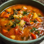 Easy weeknight soup with vegetables, beans, and broth in white bowl